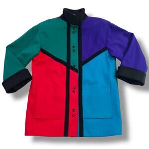 Vintage International Scene Womens Wool Coat Colorful Snap Button Close Size 5 6
